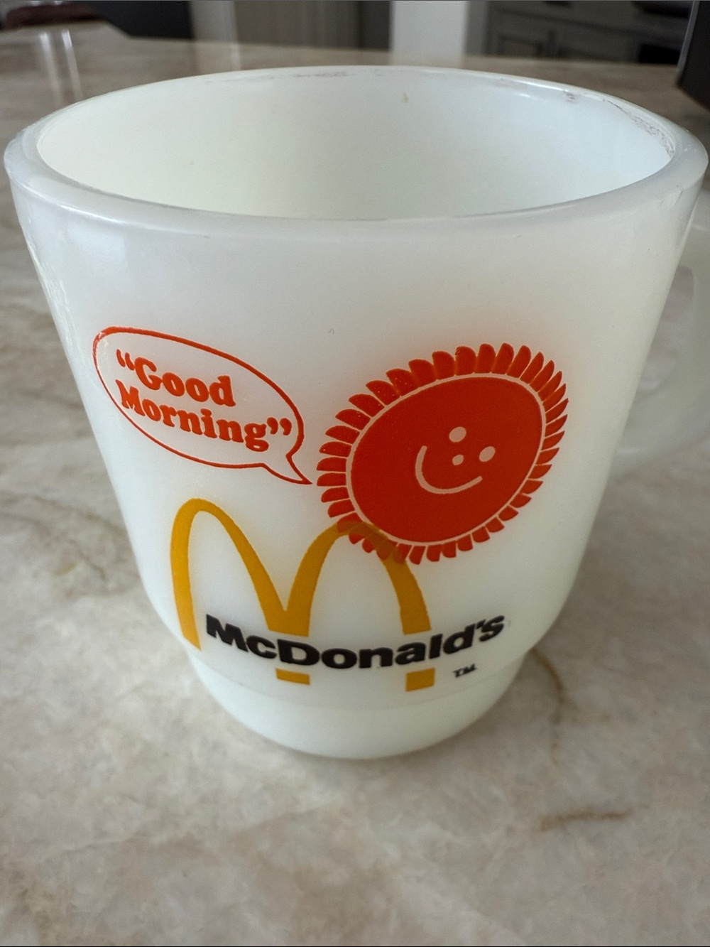 McDonald's White Mug with Orange Smiling Sunburst and Yellow Arches